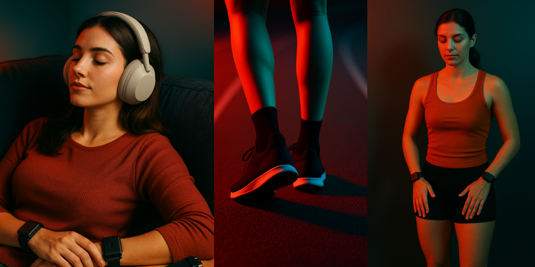 Person using a hands-free bilateral stimulation wearable to reduce stress in five minutes.