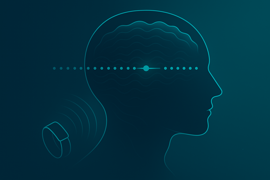 Teal illustration of a human head with brainwave lines and a dotted left-right rhythm from a wrist wearable, showing Haptix Flow bilateral haptics calming brain activity.